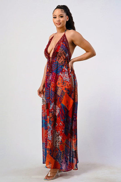 Bohemian print sequin lace trim maxi dress See size chart under “more details”