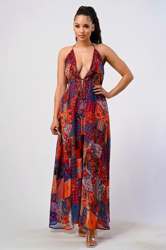 Bohemian print sequin lace trim maxi dress See size chart under “more details”