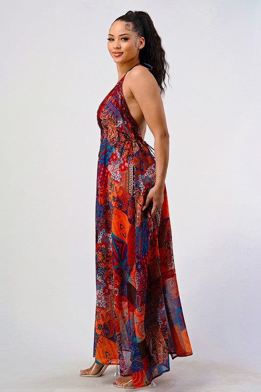 Bohemian print sequin lace trim maxi dress See size chart under “more details”