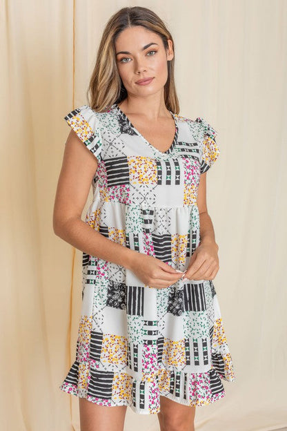 Mix Print Flutter Sleeve Mini Dress See size chart under “more details”