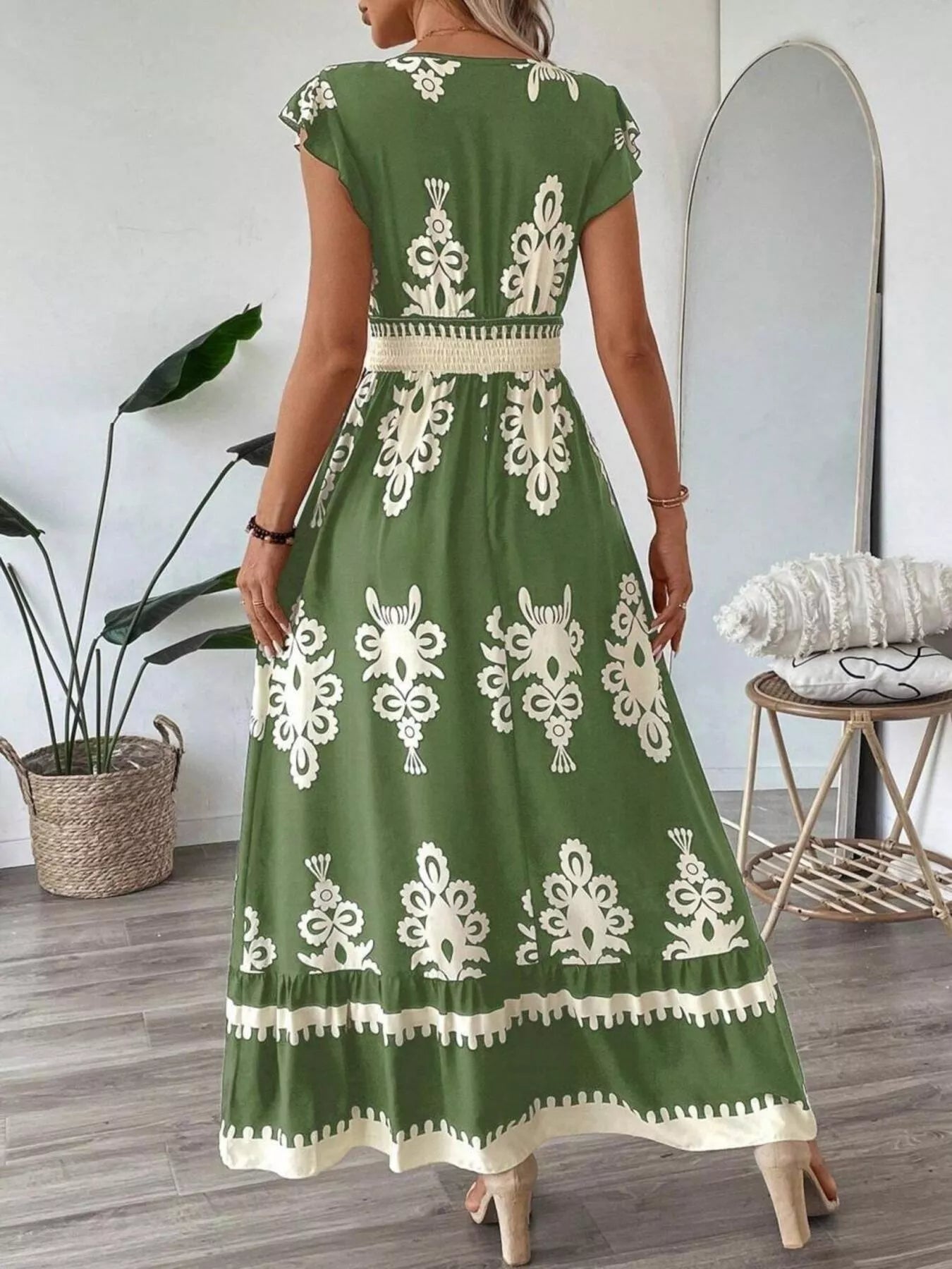 Printed V-Neck Ruffled Cap Sleeve Dress