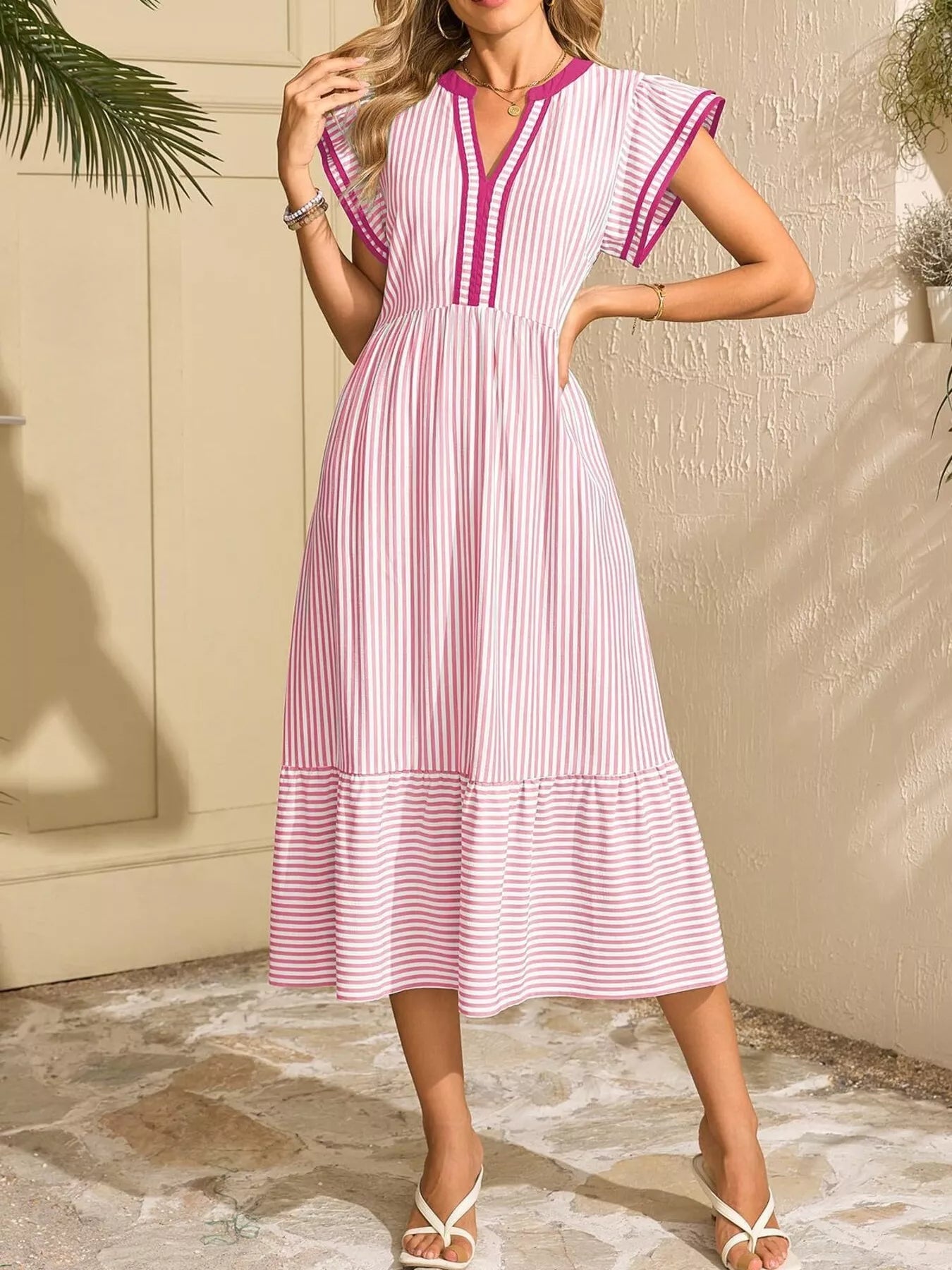 Striped Notched Ruffle Sleeve Dress