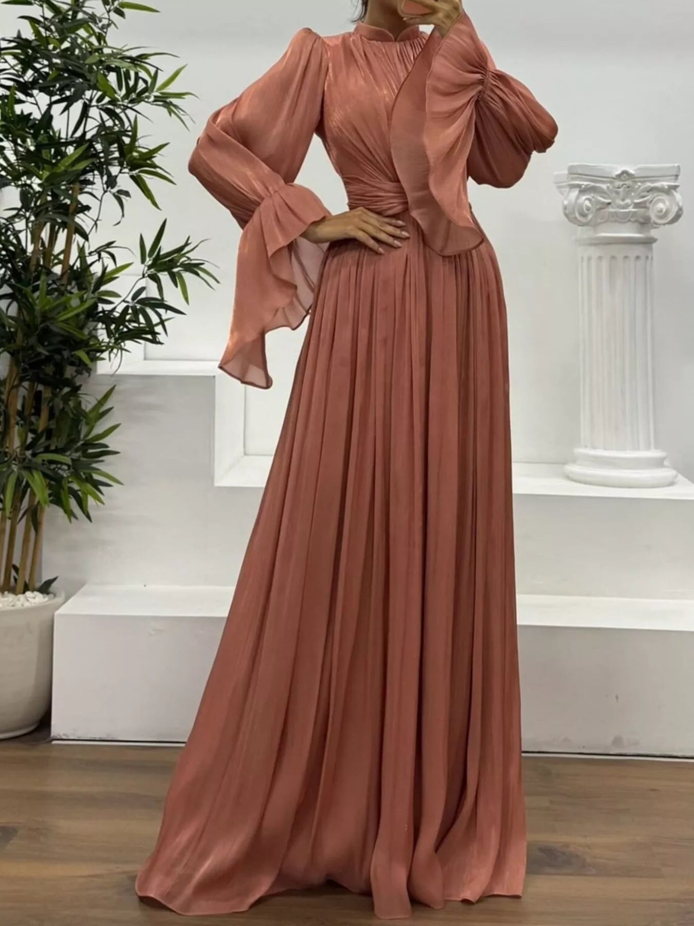 Pleated Mock Neck Long Sleeve Maxi Dress