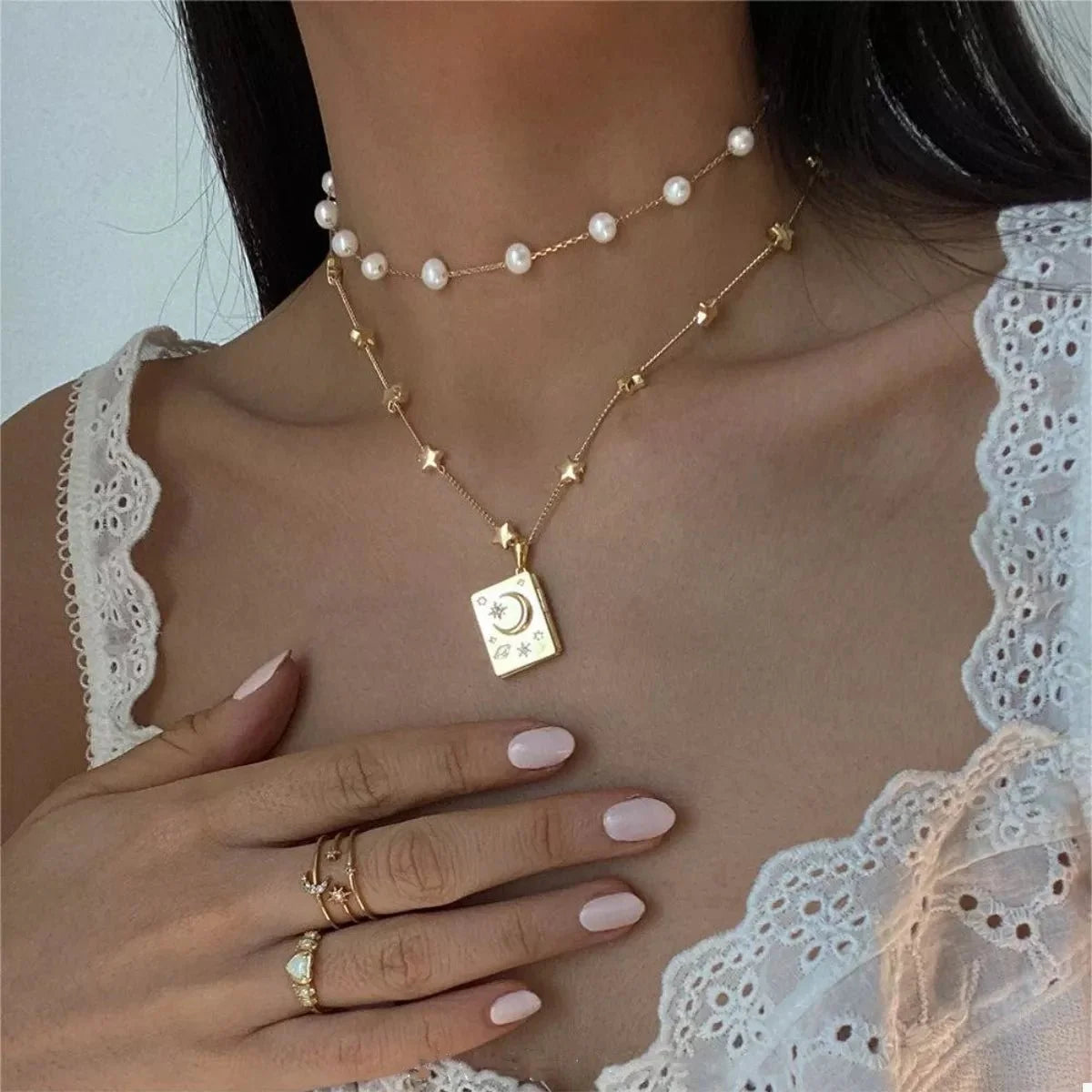 18K Gold-Plated Star Moon Zircon Lock Necklace