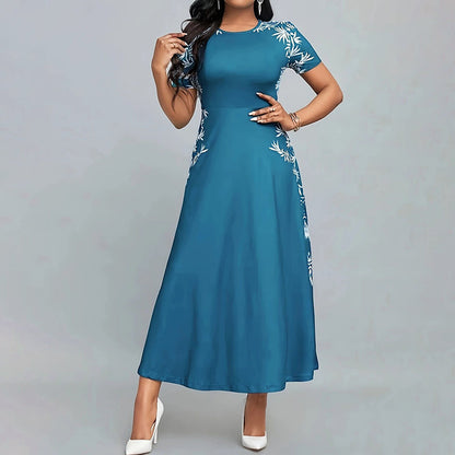 Women's Elegant Empire Waist Short Sleeve Printed Sides Maxi Dress