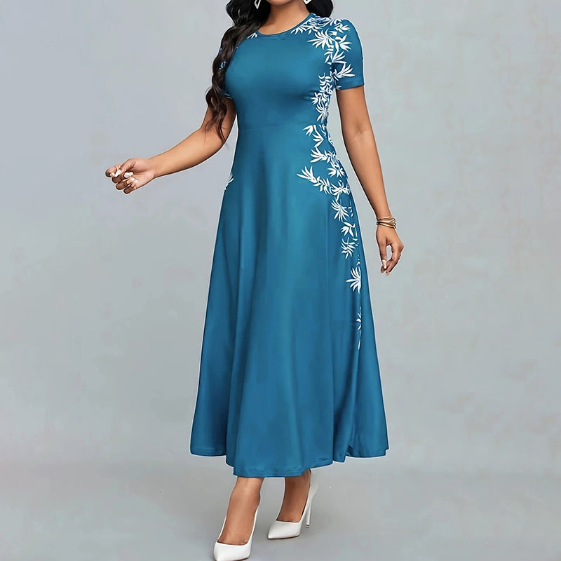 Women's Elegant Empire Waist Short Sleeve Printed Sides Maxi Dress