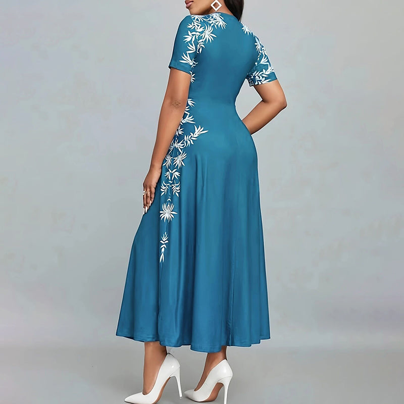 Women's Elegant Empire Waist Short Sleeve Printed Sides Maxi Dress