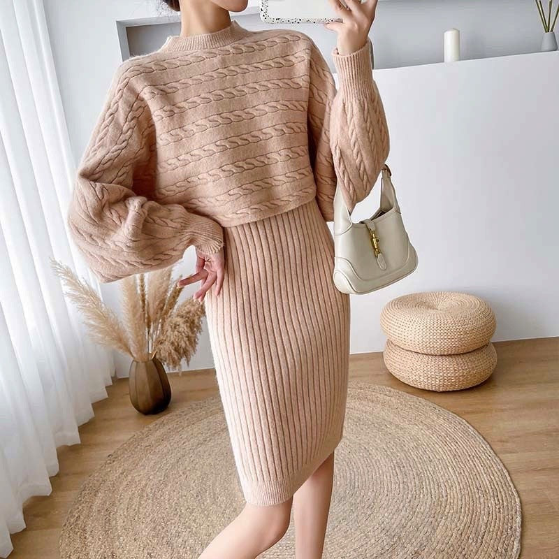 Solid Color Sweater Cardigan Knitted Camisole Dress Suit
