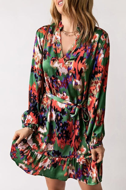 Abstract Ruffled Drawstring High Waist Mini Dress