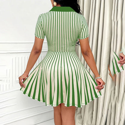 Women's Elegant Striped V-neck Short Sleeve A-line Short Dress