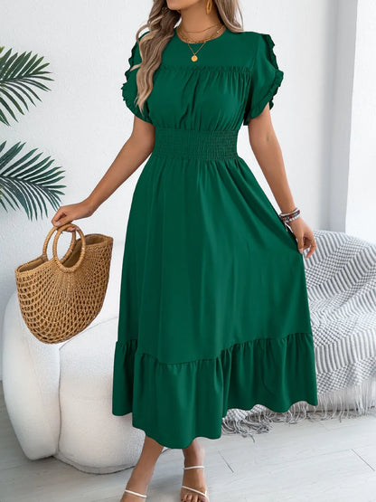 Smocked Frill Round Neck Midi Dress