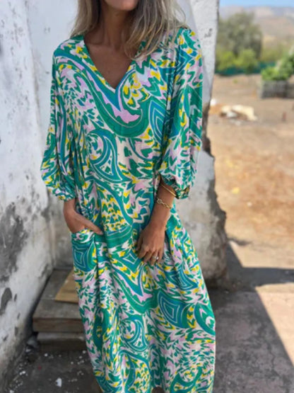 Printed V-Neck Dress with Pockets