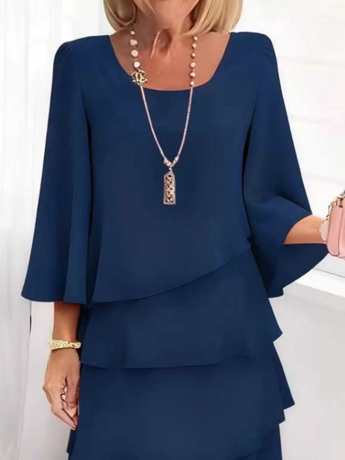 Ruffled Layered 3/4 Sleeve Dress