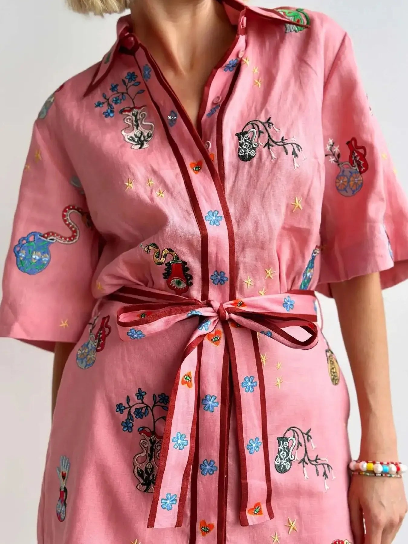 Embroidered Tie Waist Shirt Dress