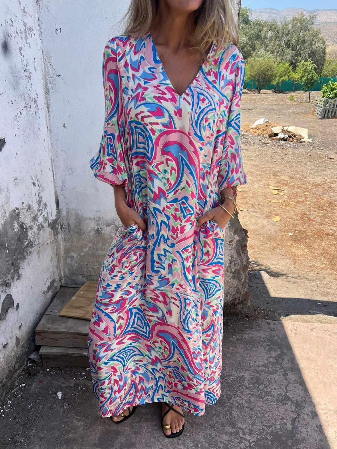 Printed V-Neck Dress with Pockets