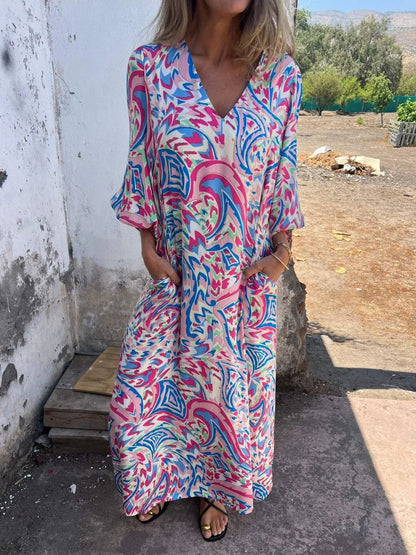 Printed V-Neck Dress with Pockets