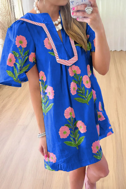 Floral Notched Summer Mini Dress with Striped Trim