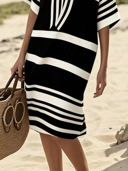 Full Size Striped Half Sleeve Midi Dress Plus Size