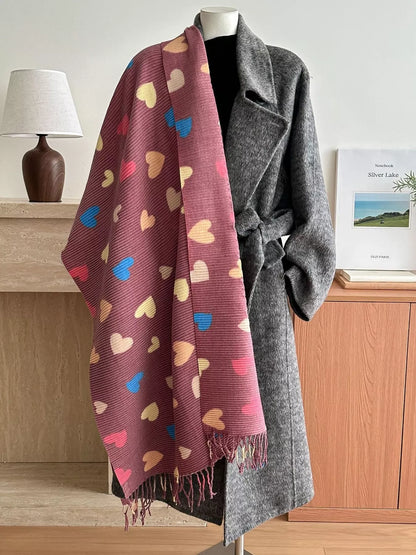 Heart Patterned Tassel Scarf