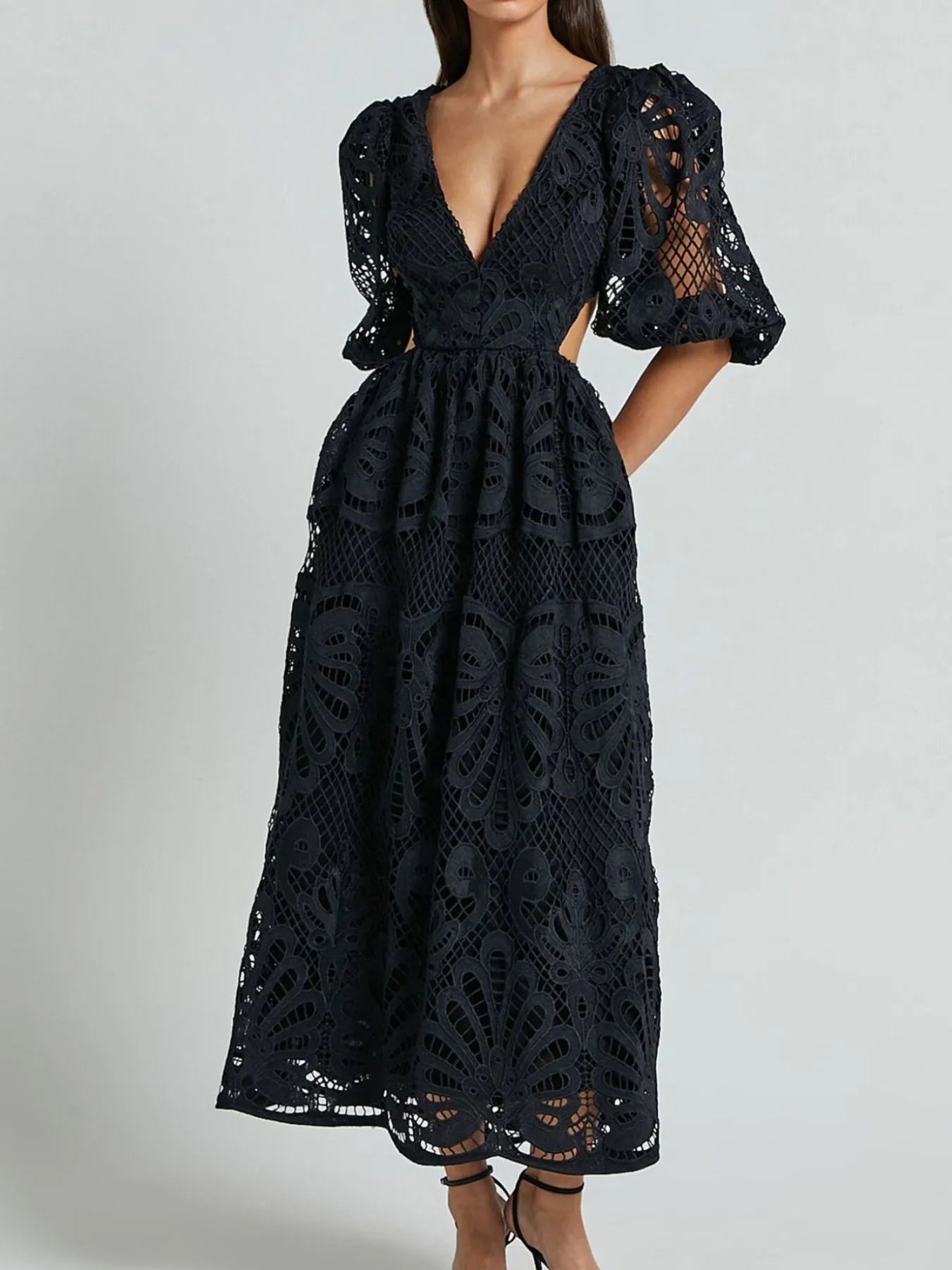 Cutout Back Lace Crochet V-Neck Dress