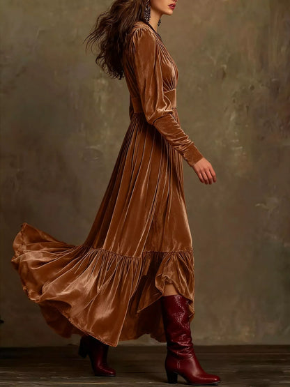 Elegant Velvet V-Neck Long Sleeve Maxi Dress
