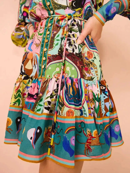 Printed Long Sleeve Mini Dress with Belt
