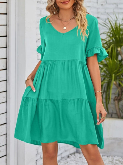 Ruffled Sleeve Tiered Mini Dress