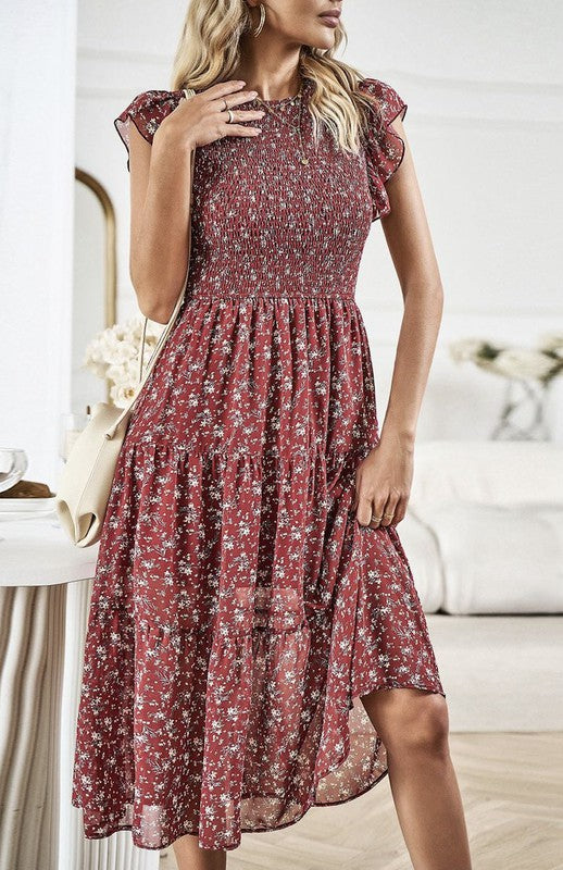 Miss Sparkling Floral Print Smocked Dress