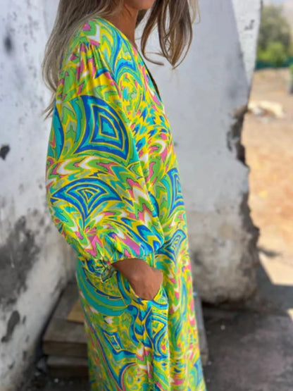 Printed V-Neck Dress with Pockets