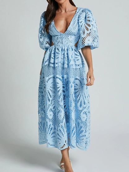 Cutout Back Lace Crochet V-Neck Dress