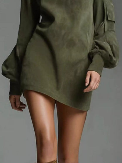 Suede Turtleneck Lantern Sleeve Mini Dress