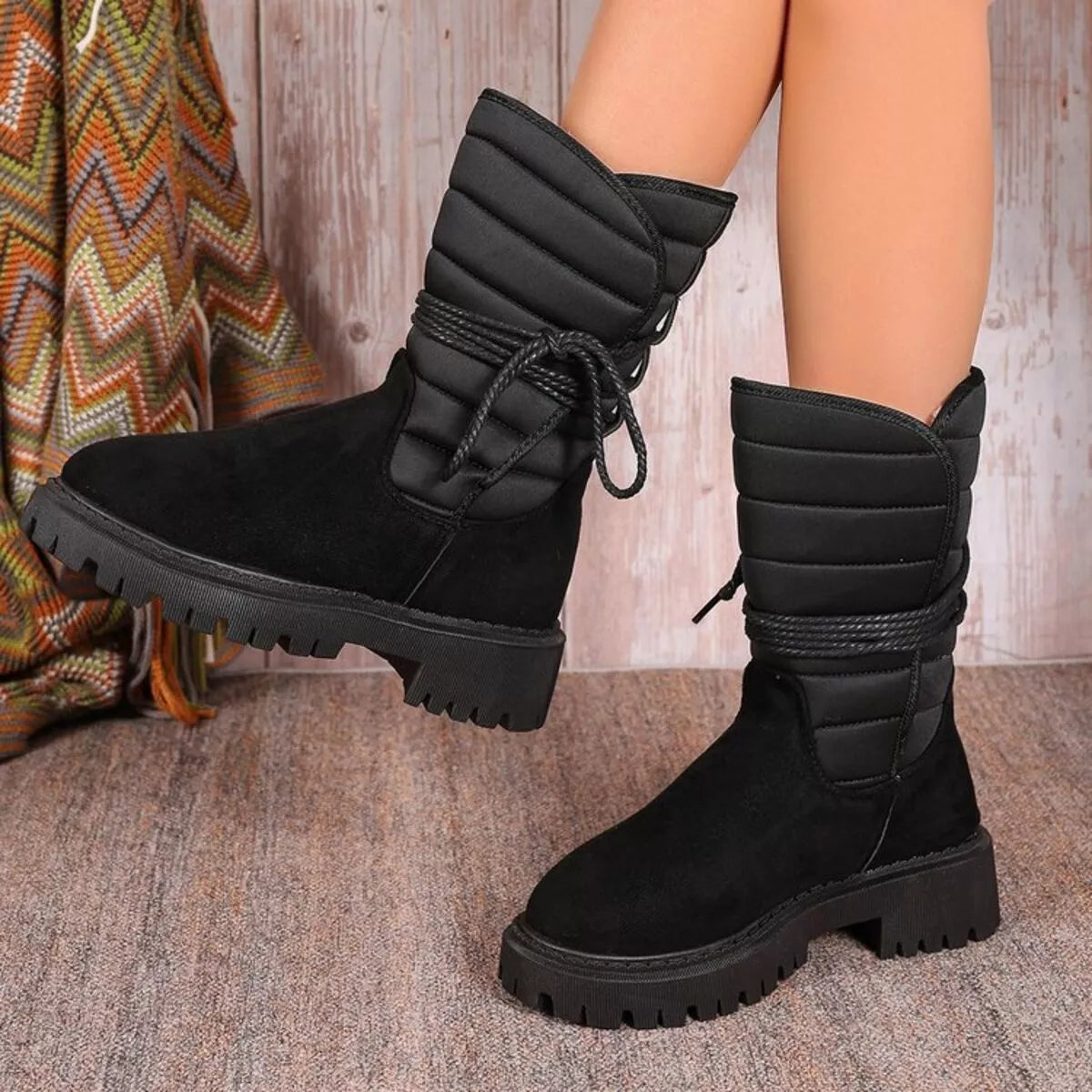 Quilted Lace-Up Mid-Calf Boots