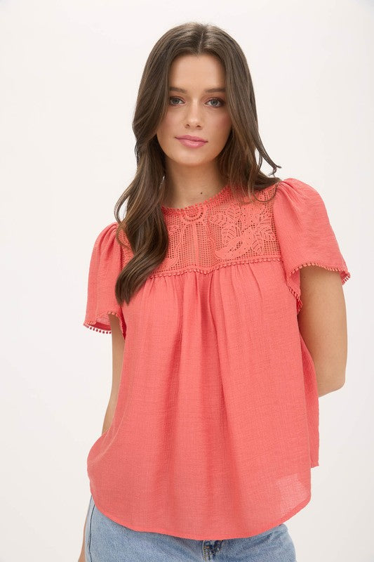Sheer Lace Yoke Short Sleeve Pom Pom Blouse