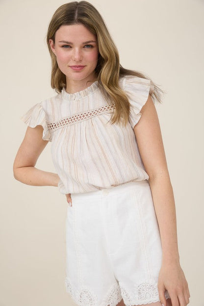 Multicolor Stripe Lace Trim Ruffle Sleeve Top