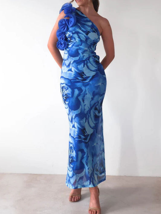 Floral Print One-Shoulder Maxi Dress