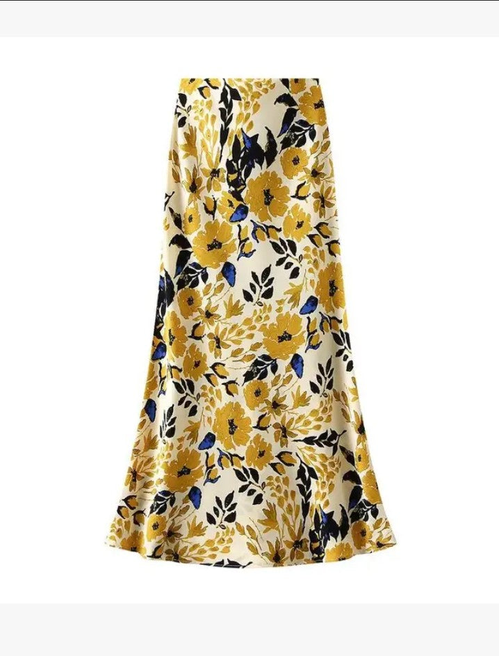 Satin Floral Print Skirt