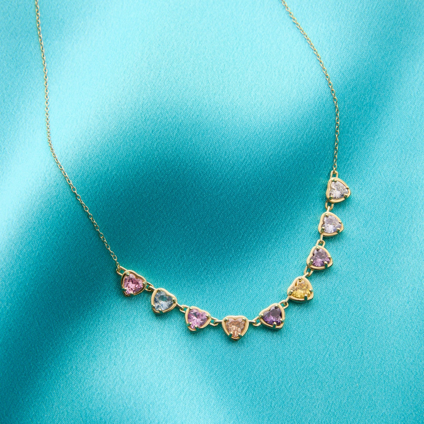 Hearts All Around Necklace - Colorful CZ Heart Charms | 14K Gold Plated Sterling Silver