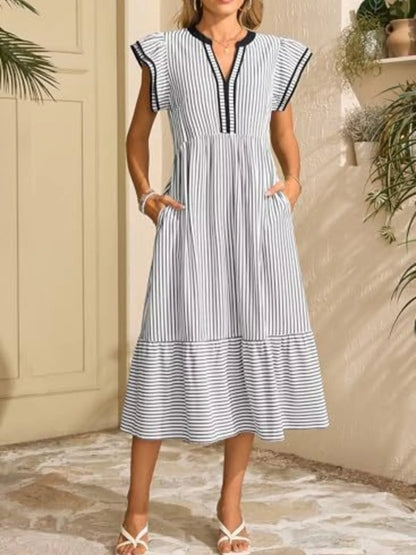 Striped Notched Ruffle Sleeve Dress