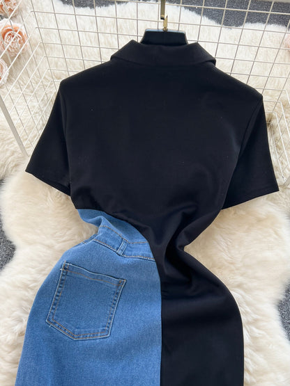 Color-Block Patchwork Denim Short-Sleeve Midi Dress