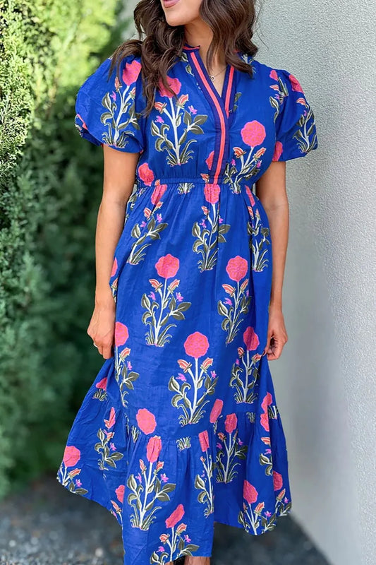 Floral Puff Short Sleeve Notched High Waist Dress