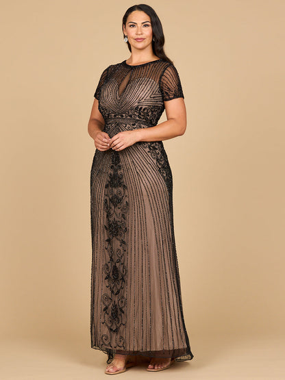 Beaded Cap Sleeve Illusion Plunge Gown | Lara 28869