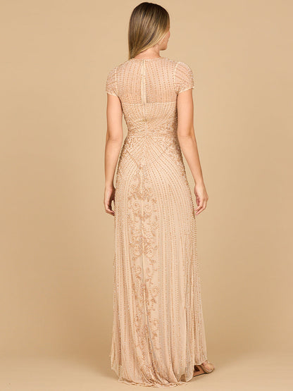 Beaded Cap Sleeve Illusion Plunge Gown | Lara 28869
