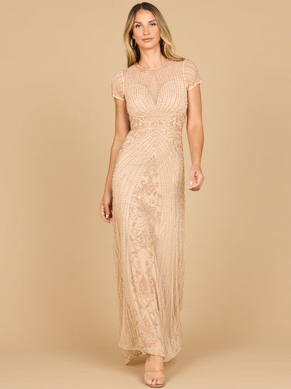 Beaded Cap Sleeve Illusion Plunge Gown | Lara 28869