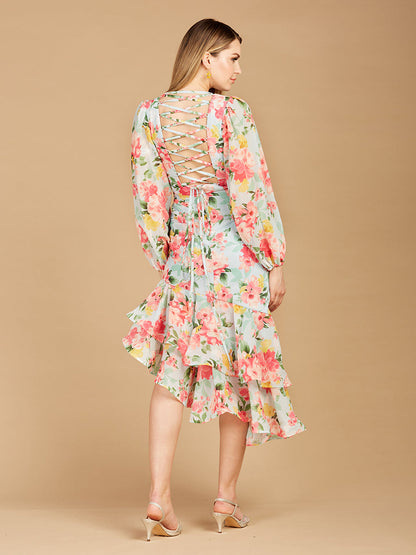 High Neck, Lace Up, Long Sleeve Printed Midi Dress - OUTLET
