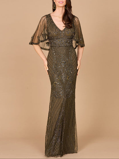 Cape Sleeve V-Neck Beaded Gown