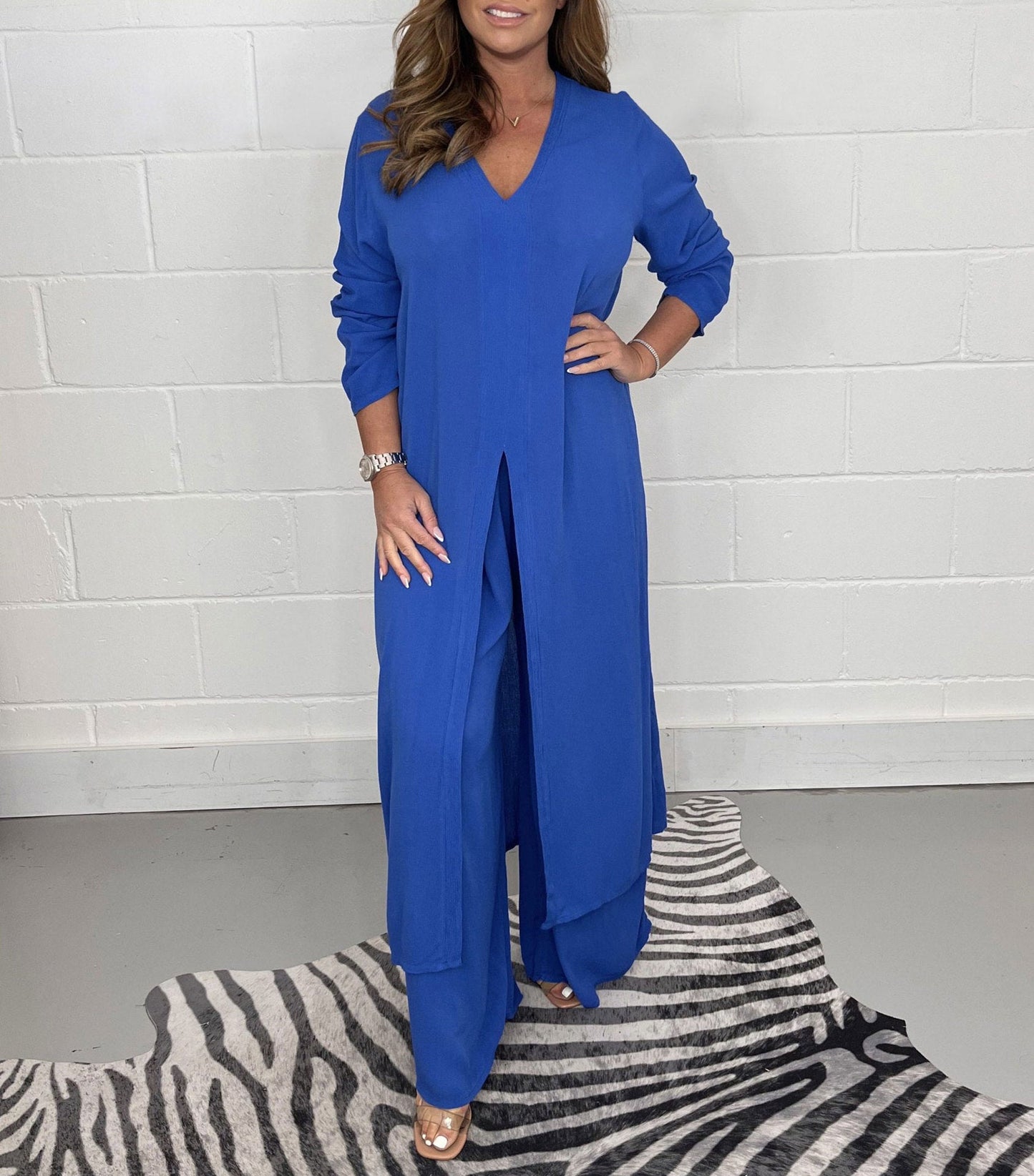 Women's Fashion Chiffon Solid Color Long Top & Pants Outfit Set