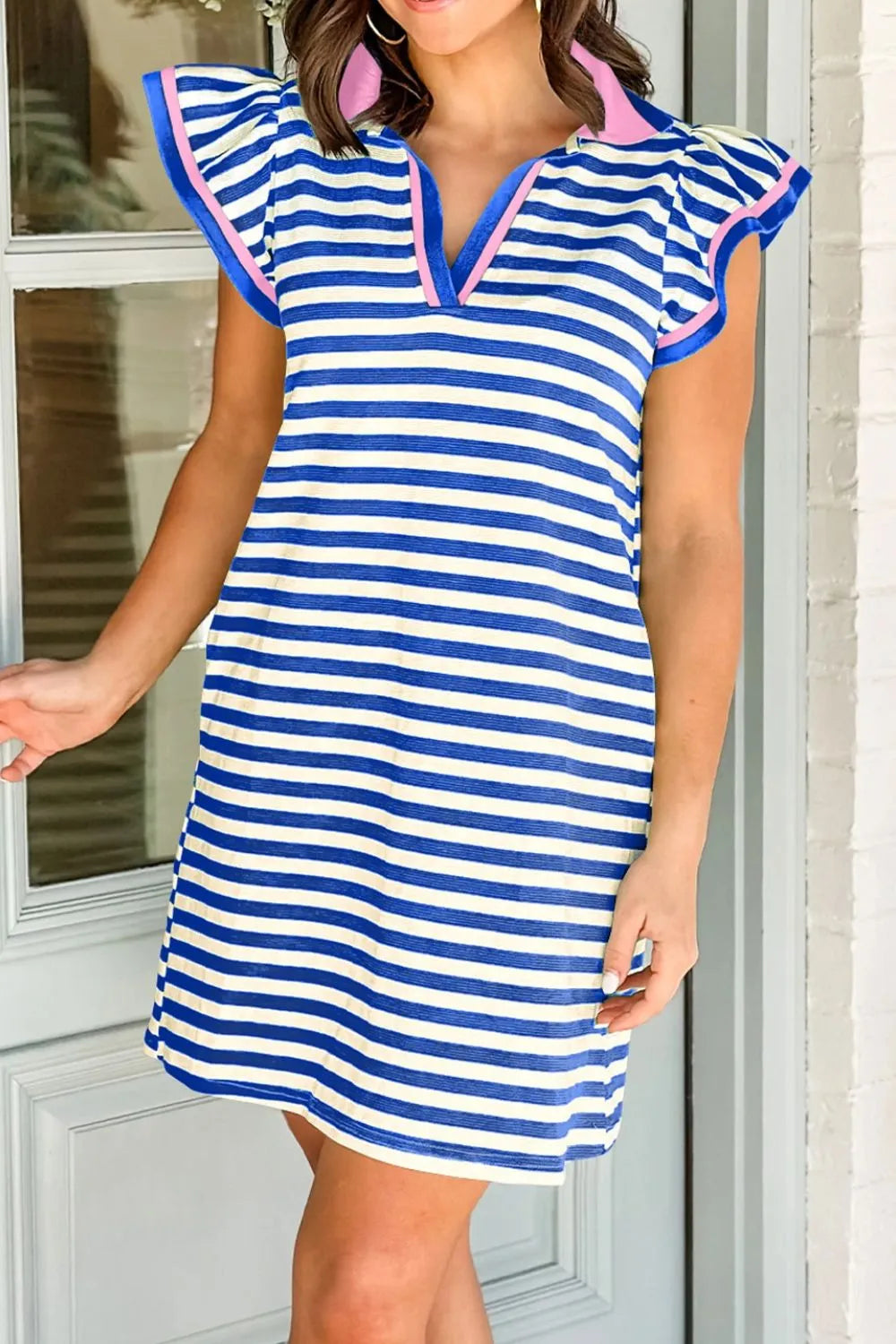 Stripe Print Contrast Collar Split Neck Flutter Sleeve Dress