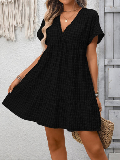 Plaid V-Neck Ruffle Hem Mini Dress