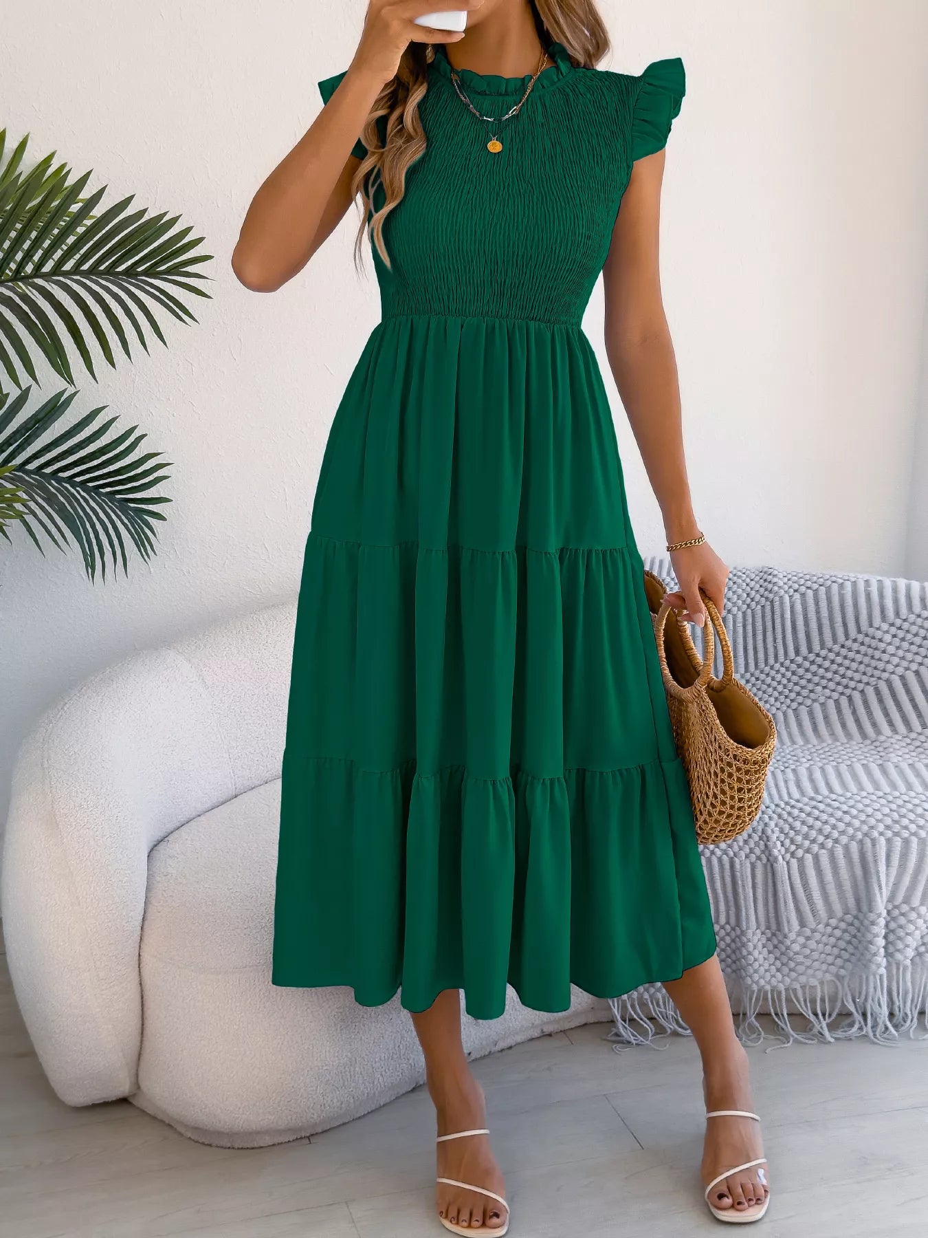 Women's Smocked Ruffle Midi Dress – Casual A-Line Cap Sleeve