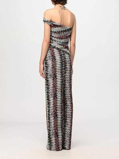One-Shoulder Zigzag Knit Maxi Dress